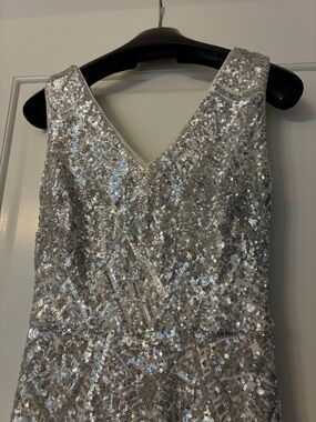 Betsy & Adam White Dress with Silver Sequin Trim